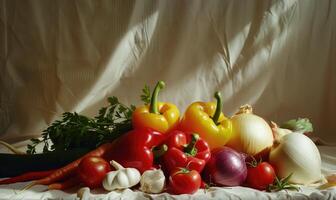 ai generado todavía vida con Fresco vegetales en el mesa. selectivo enfocar. naturaleza. foto