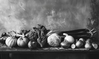 AI generated Still life with vegetables on a rustic background. Black and white. photo