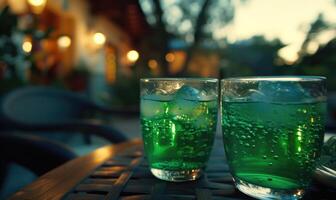 ai generado refrescante verde limonada con hielo en un vaso en un de madera mesa foto