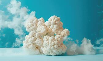 AI generated cauliflower on blue sky background with clouds. toning. selective focus photo