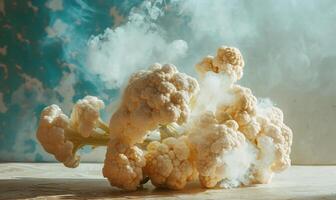 AI generated Cauliflower on a wooden table with smoke in the background. photo