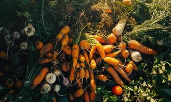 ai generado cosecha de Fresco orgánico vegetales en el mesa. selectivo enfocar. naturaleza. parte superior vista. foto