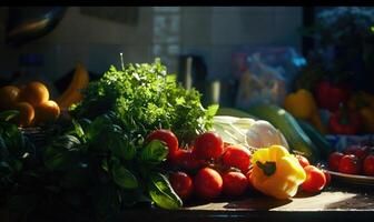 ai generado composición con Fresco vegetales en mesa en cocina a noche. selectivo atención foto