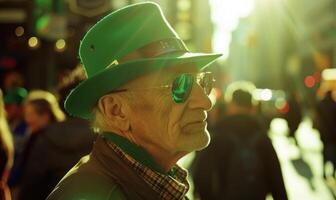 ai generado mayor hombre en un verde sombrero y Gafas de sol en el calle. de cerca retrato de un S t. patrick's día desfile partícipe. foto