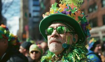 ai generado mayor hombre en un verde sombrero y Gafas de sol en el calle. de cerca retrato de un S t. patrick's día desfile partícipe. foto