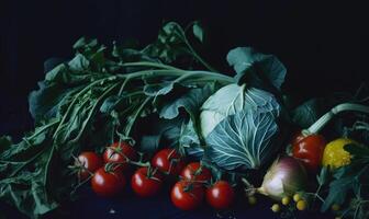 ai generado todavía vida con vegetales en un oscuro fondo, Tomates, repollo, coliflor foto