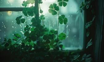 AI generated Green clover leaves in front of a window with raindrops. photo