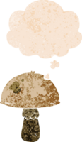 cartoon mushroom with thought bubble in grunge distressed retro textured style png