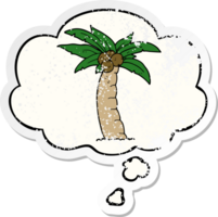 dibujos animados palma árbol con pensamiento burbuja como un afligido desgastado pegatina png