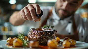 AI generated Man Putting Sauce on Piece of Meat photo