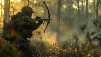 ai generado soldado con un rifle en el bosque foto