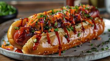 AI generated Loaded Hot Dog on Plate photo