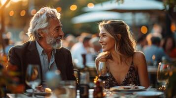 AI generated Man and Woman Sitting at Table With Glass of Wine photo