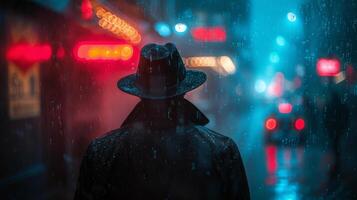 ai generado hombre en sombrero y Saco caminando abajo lluvioso calle foto