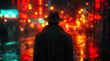 AI generated Man in Hat and Coat Walking Down Rainy Street photo