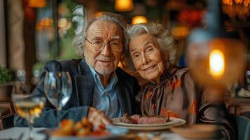 AI generated Elderly Couple Sitting at Table With Plate of Food photo