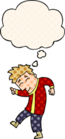 cartoon dancing man with thought bubble in comic book style png