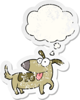 cartoon happy dog with thought bubble as a distressed worn sticker png