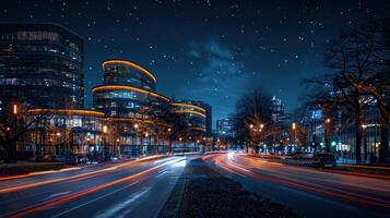 ai generado vibrante ciudad calle iluminado a noche foto