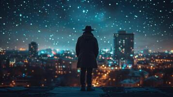 AI generated Person Standing on Hill Overlooking City at Night photo