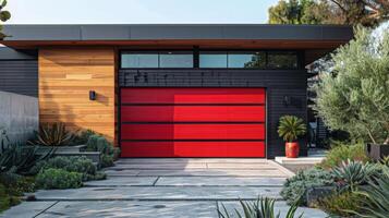 AI generated Red Tree in Front of Red Garage Door photo