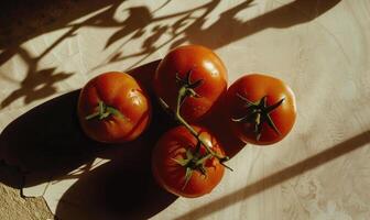 AI generated Ripe tomatoes on a light background with shadow. photo