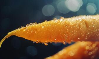 ai generado macro Disparo de un Fresco naranja pelar con agua gotas en eso foto