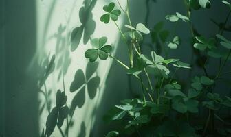 ai generado verde hojas de trébol en un blanco pared con oscuridad y ligero foto