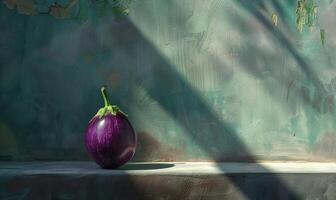 AI generated Purple eggplant on a table in front of a green wall photo