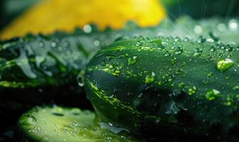 ai generado Fresco pepinos con gotas de agua en un oscuro antecedentes cerca arriba foto