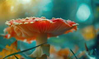 ai generado seta en el bosque, de cerca, macro fotografía. mosca agárico en un azul antecedentes foto