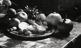 AI generated Still life with vegetables on a rustic background. Black and white. photo