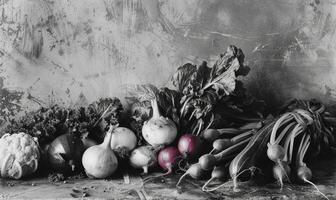 AI generated Still life with vegetables on a black background. Black and white photo. photo