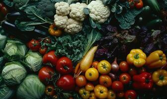 AI generated Variety of fresh vegetables background. Top view, flat lay. photo