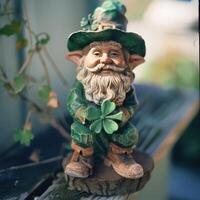 AI generated saint patrick's day decoration with old gnome on bench photo