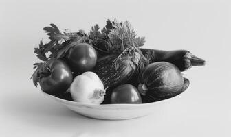 ai generado todavía vida con vegetales en un negro antecedentes. negro y blanco foto. foto