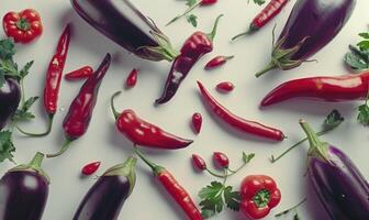 AI generated Eggplant, chili peppers and parsley on a white background photo