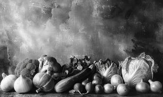 ai generado todavía vida con vegetales en un rústico antecedentes. negro y blanco. foto