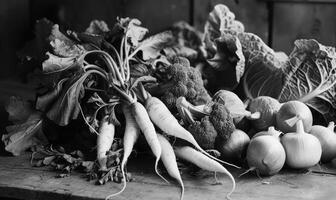 AI generated Harvesting vegetables. Black and white photo. Top view. photo