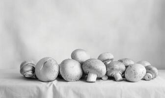 AI generated Fresh champignon mushrooms on a white background with copy space. photo