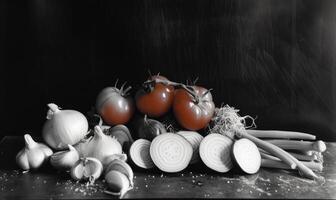 AI generated Still life with fresh vegetables on a black background. Black and white photo. photo