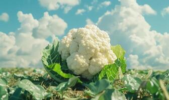 AI generated Cauliflower field with blue sky and white clouds - retro vintage style photo