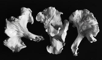 AI generated Black and white chanterelle mushrooms on black background. Vintage photo style