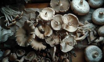 AI generated Mushrooms on wooden background. Top view. Selective focus. photo