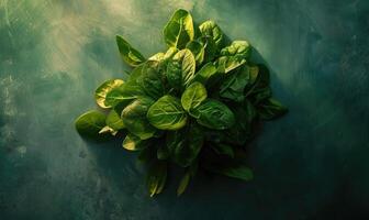 AI generated Top view of fresh spinach leaves on green background. Healthy food concept photo