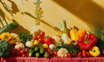 AI generated vegetables on a table on a colored background in the sun photo