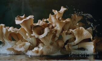 AI generated Oyster mushrooms on a dark background. Shallow depth of field. photo