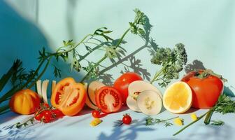 AI generated Tomatoes, lemons, peppers and parsley on a white background photo