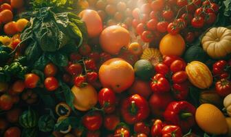 AI generated vegetables and fruits as very nice natural background, soft focus, top view photo