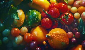 AI generated Tomatoes background. Top view of different varieties of tomatoes. Vegetables background. photo